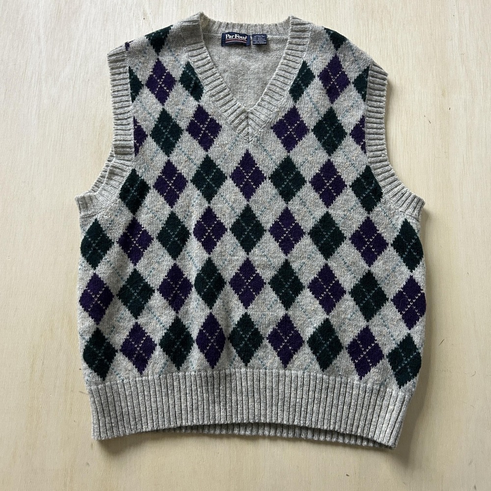 Vintage Par Four Sweater Vest Mens XL Gray Argyle V Neck Wool Knit Golf Classic